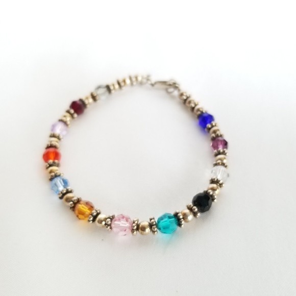 Sterling Silver Multicolored Crystal Beaded Bracelet 8" - Picture 1 of 7